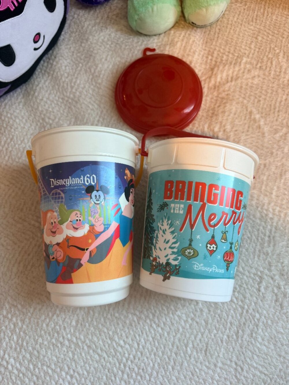 Disney Parks Popcorn Bucket Lot Disneyland 60th Anniversary & Holiday Bucket Use